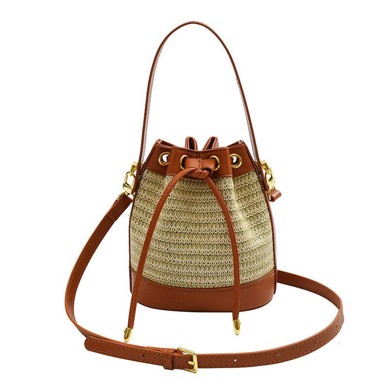 Guguo Free Shipping New Designer Bag Straw Woven Women's Bag Niche Design Fashion Retro Rattan Drawstring Bucket Bag Versatile Crossbody Bag