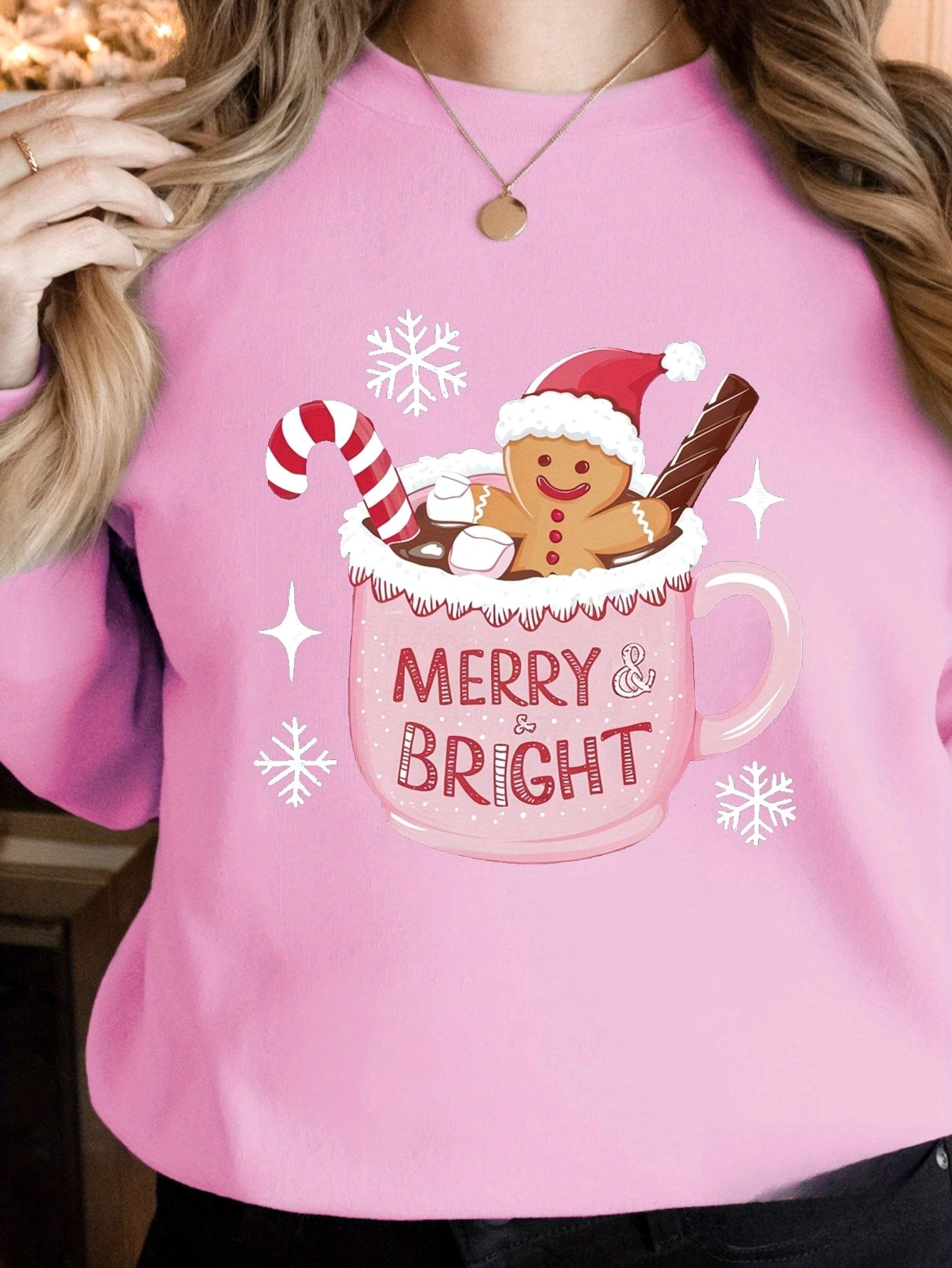 MERRY BRIGHT Christmas Gingerbread Printed Hoodie Autumn and Winter Womens Round Neck Top Long Sleeved Pullover Casual Clothing 251105