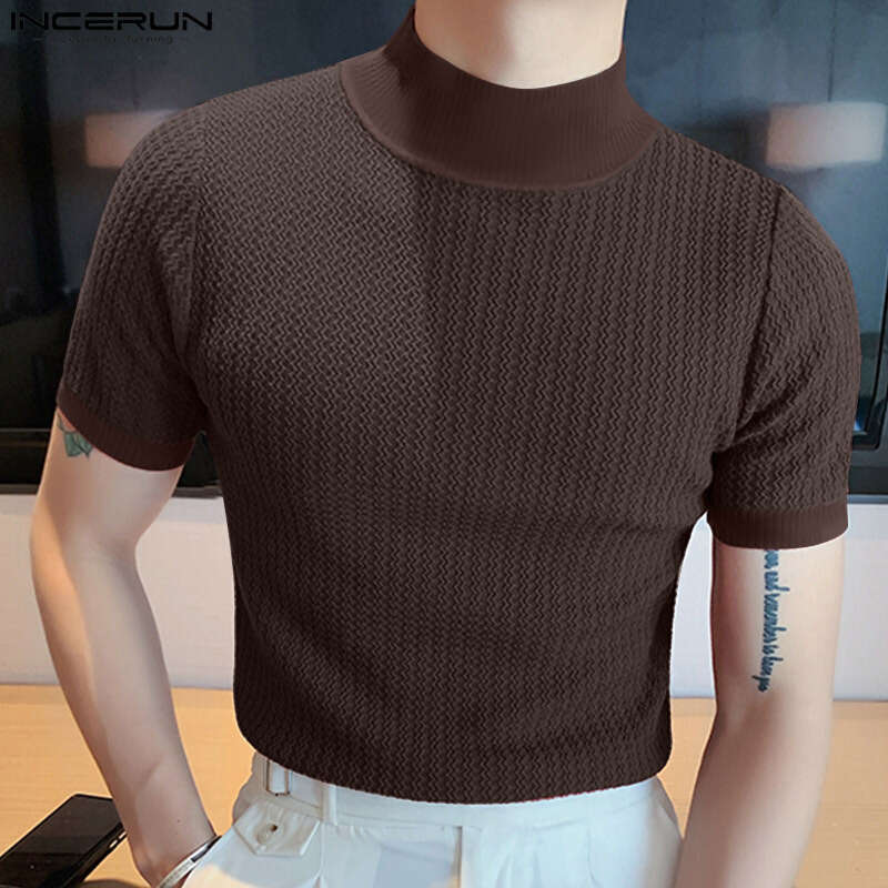 2025 Summer New Export Solid Color Casual Simple Knitted Base Layer European And American Men's High Neck Water Ripple T-Shirt Short Sleeve 0c45 