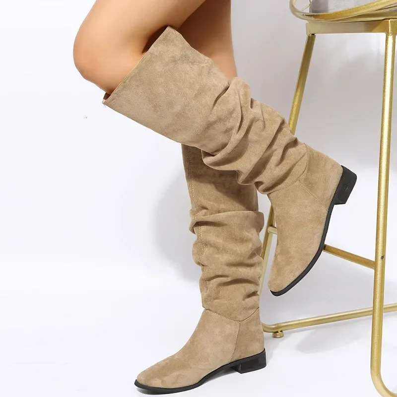 Pleated Boots Women Black Nude Faux Suede Flock Knee High Boot Ladies Flat Autumn Winter Dress Shoe 43 Solid Slip on Botas 251110