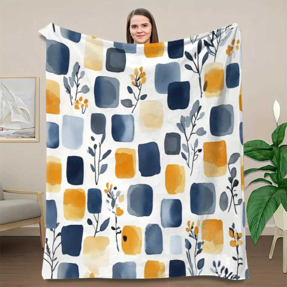 1pc vintage watercolor square and floral pattern blanket polyester fabric machine washable suitable for bedroom living room C251111