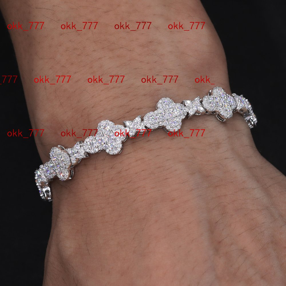 Versatile Mens Bracelet Fashion White Gold 10mm 925 Sterling Silver VVS Moissanite Diamond Iced Out Star Cross Link Bracelet