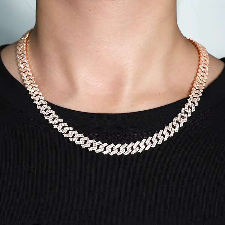 Pink Cuban Chain Pure Silver Plated 18K Gold 8mm Wide Handmade Insert 2 Rows Vvs Moissanite Cuban Link Chain