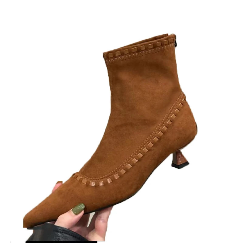 Pointed Toe Womens Ankle Boots Suede Mid Heels Shoes Fashion Dress Winter Boots er Short Botas De Mujer 251110