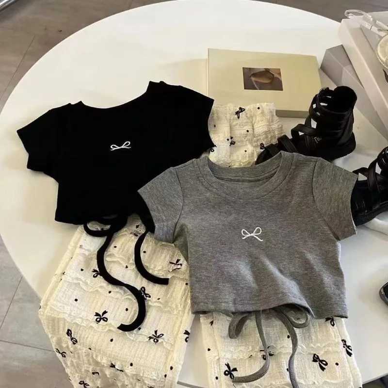 2-8Y Girl Short Sleeve Set Childrens 2025 Summer Dress New T-shirt Korean Bow Top Wide Leg Pants Baby Summer DressXJ250410