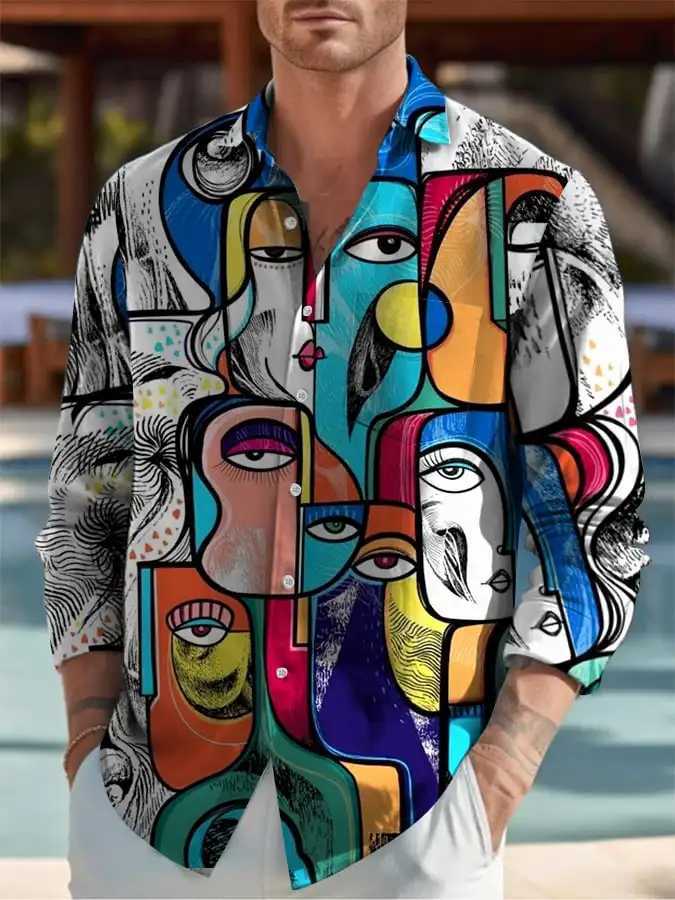 2024 New Mens 3D Art Painting Fashion Print Single Breasted Long Sleeve Shirt Casual Shirt Mens Loose Lapel Long Sleeve K251110