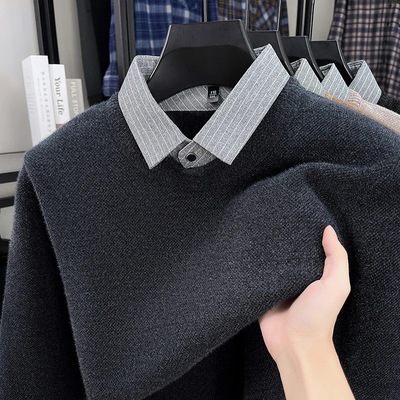 2025 Autumn and Winter Fashionable Mens Business Wear with A Lapel Lined Sweater An Inner Knitted Shirt 251104