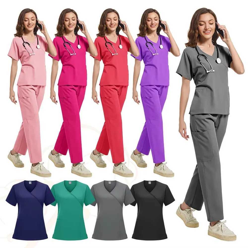 New Scrubs Set Medical Uniforms Stretch Scrub Tops with Pocket Pants Nurse Uniform Doctor Surgery Overalls Beauty Sn Workwear X250410