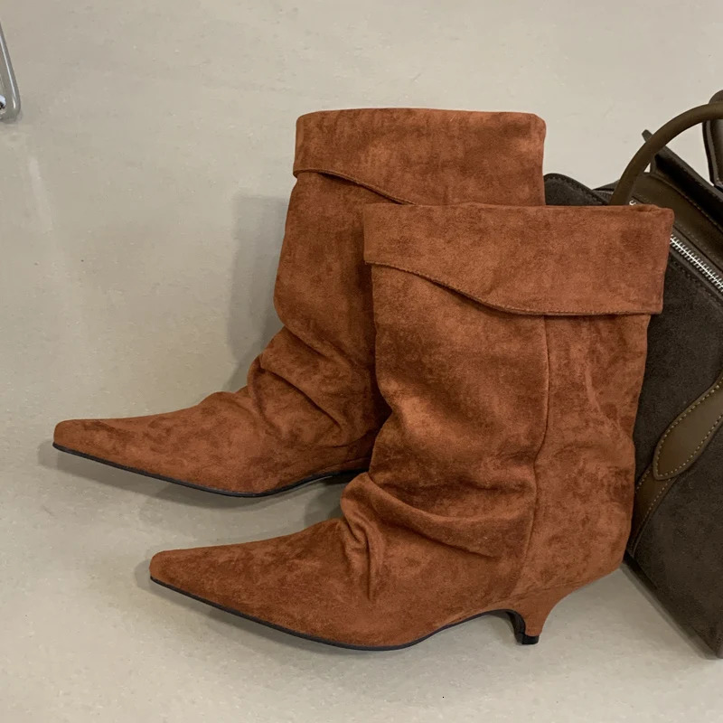 Eilyken Street Style Winter Pointed Toe Thin Low Heel Ankle Boots Women er Turned Over Edge Shoes SHort Botas 251110