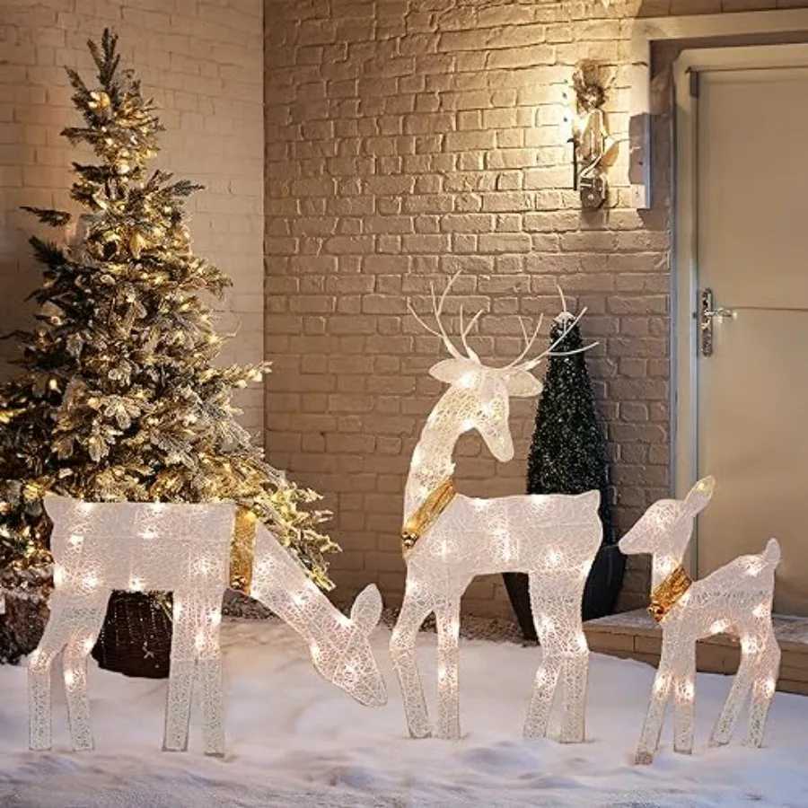 Christmas Christmas Outdoor Decoration 3Piece Lighted 2D Reindeer Family with 60 Lamps PreLit Light Up Deer Set Waterproof Y251111