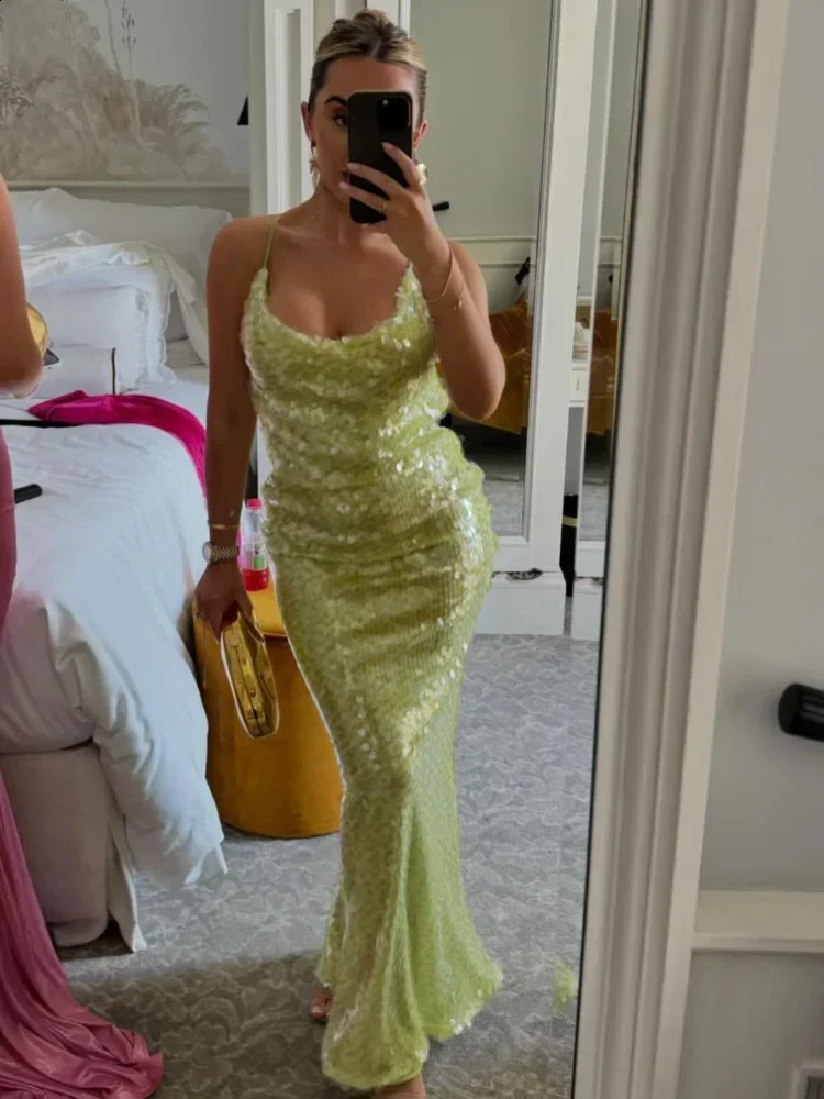 Green sexy backless sequin Maxi dress elegant womens shoulder square neck body party dress summer chic womens evening dress 250411