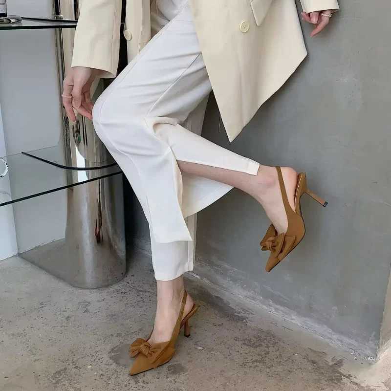 Womens shoes 2024 summer new bow womens suspender heel womens sexy dress thin toe womens high heelsXJ250410