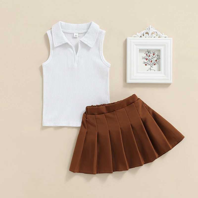 1-6Y Childrens and Girls Summer Clothing Set 2023 Fashion Baby Solid Color Sleeveless Top+Wrinkled Skiing Childrens Sweet SetXJ250410