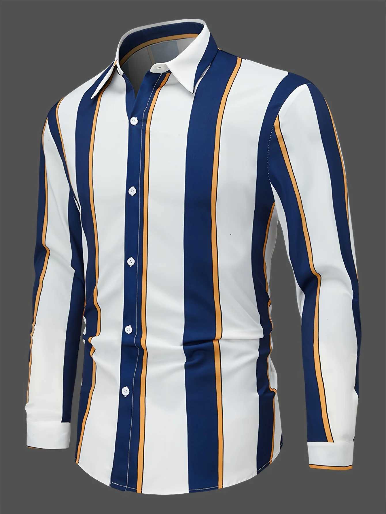 MenS Casual Regular Fit Striped Long Sleeve Solid Color Polyester Button Lapel Shirt WovenNon-Stretch Fabric K251110
