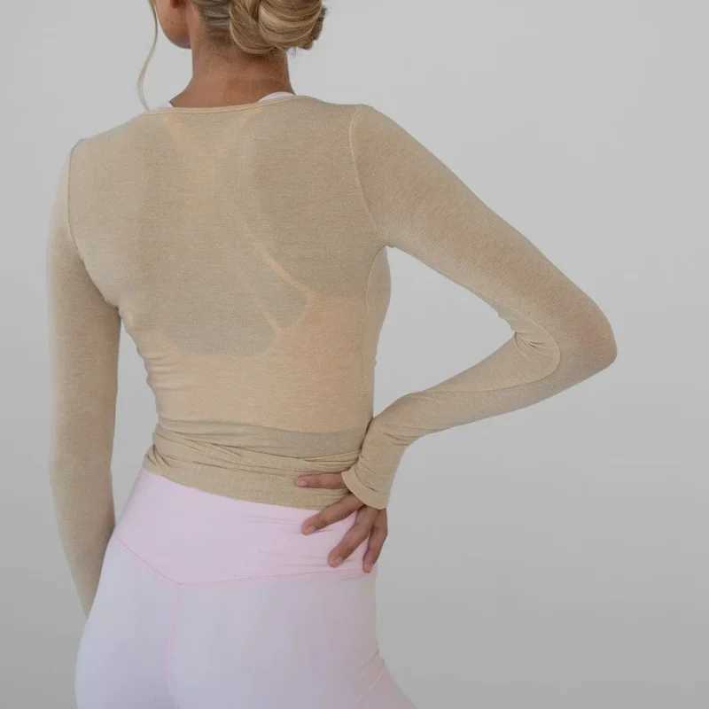 Womens yoga shirt wrapped ruffled tie long sleeved exercise T-shirt sexy deep V-neck slim fit casual cut topW250411