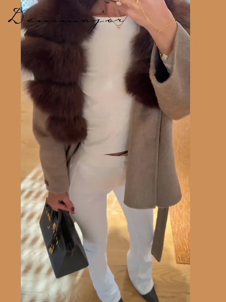 Fur Collar Belt Woolen Womens Coat Lace Up Long Sleeve Thick Warm Jacket 2025 Autumn Winter Lady Chic Elegant Streetwear 251105 - view 5