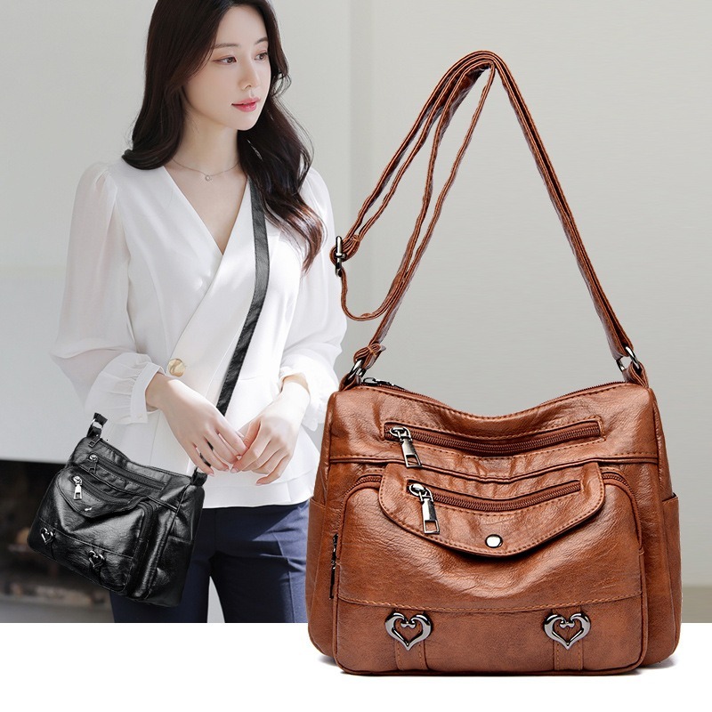 FL- Retro Multi Pockets Crossbody Bag, Soft Faux Leather Shoulder Bag, Heart Decor Purse For Women