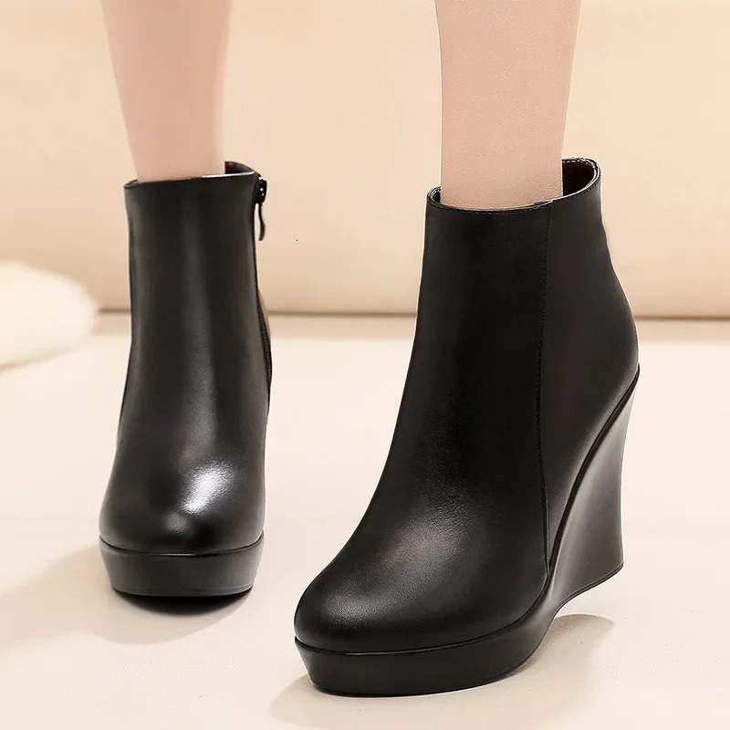 8cm 10cm Small Size 33-41 Comfortable Fall Winter Genuine Leather Boots Platform Wedges Shoes High Heels Ankle Botas Office 251110