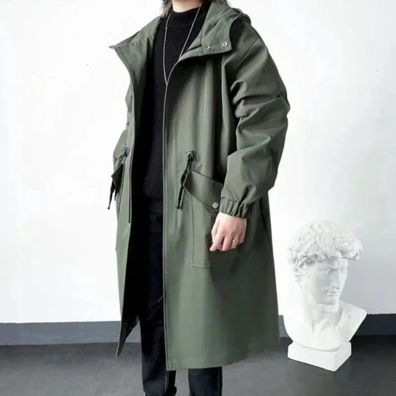 2025 Spring Autumn Army Green Windbreaker Fashion Men Mid-length Casual Hooded Coat Men Daily High Street Overcoat Male Clothes 251105