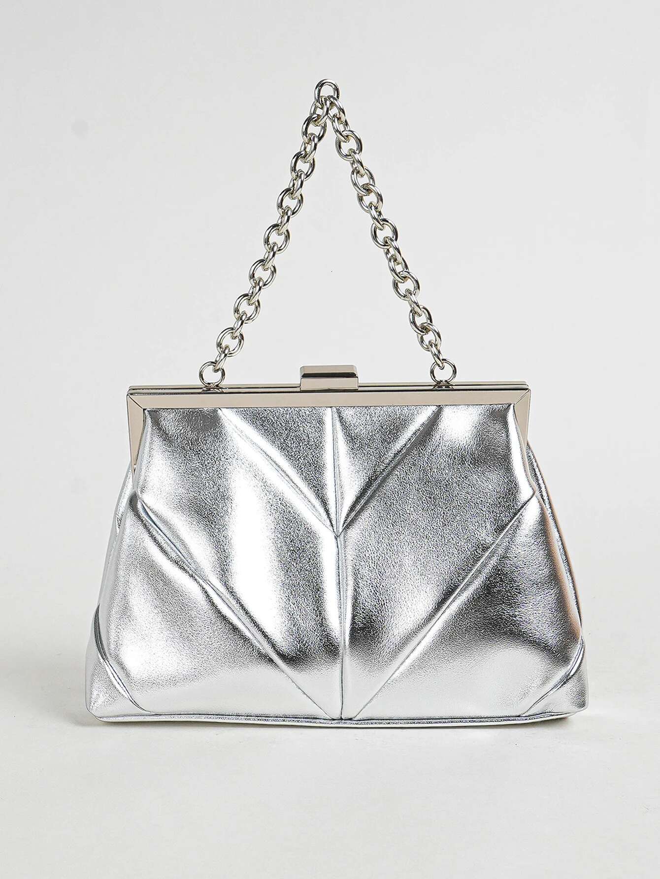 2025 new PU leather elegant pleated kiss lock evening bag shiny metal chain frame cross body handbag designer women's out handbag4