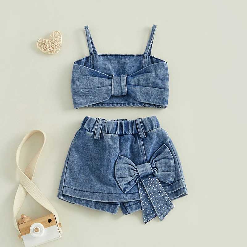 Pudcoco 6M-5T Baby Girl 2PCS Denim Clothing Set Sleeveless Crop Bow Top Shorts Culottes Fashion Summer ClothingXJ250410