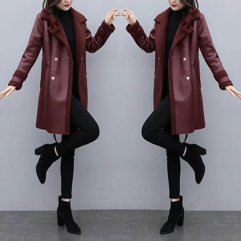 2025 Autumn Winter Jacket Womens Fur One PU Leather Coats Loose Ladies Outwear With Thicker Overcoat Female Tops 251103