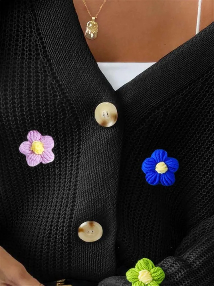 Fashion Knit Flower Sweater for Women Autumn Streetwear Black Lantern Full Sleeve Cardigan with Button Winter Outwear Top 2024 251107