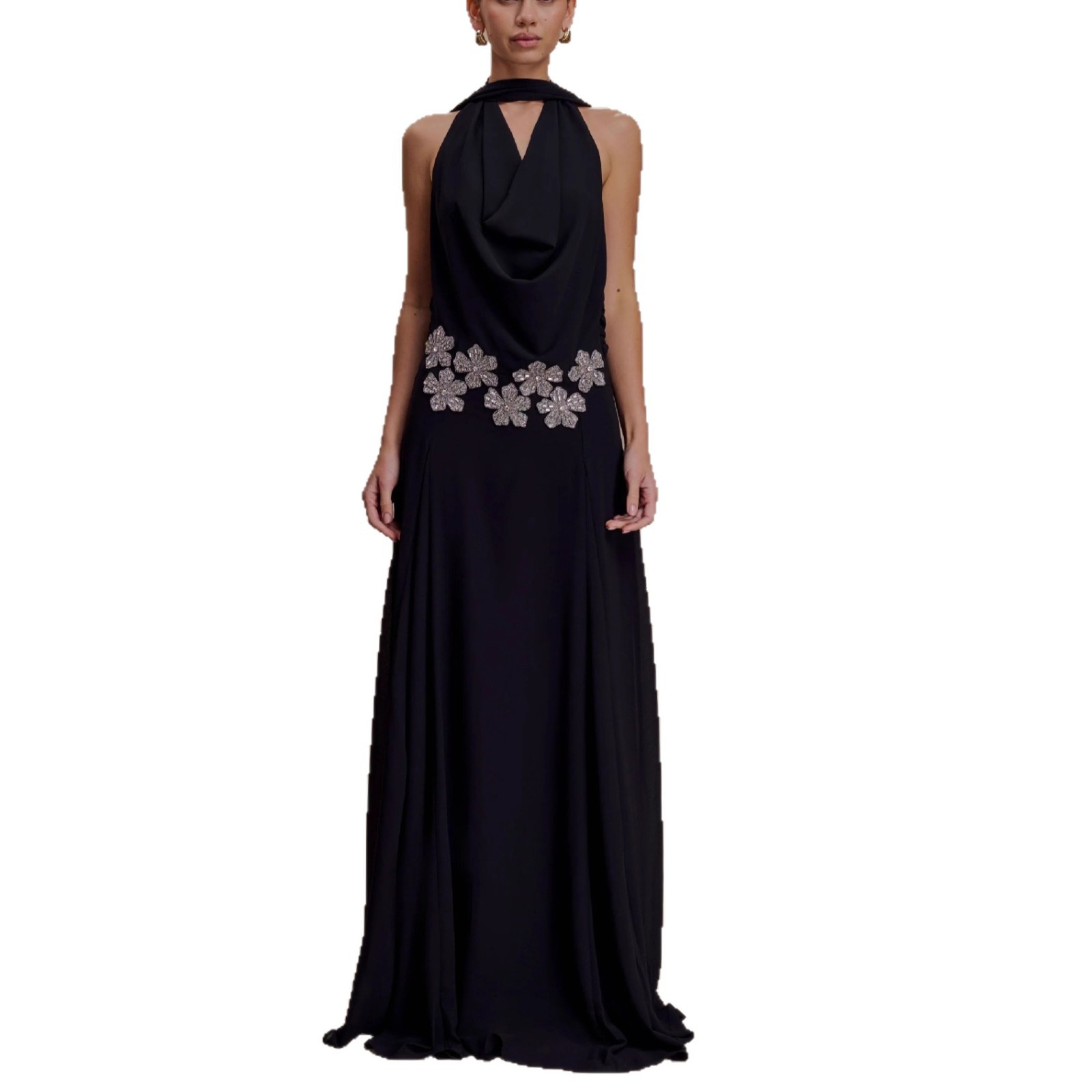 H27012 New 2025 Summer Elegant Deep V Silk Satin Long Dress with Halter Neck and Waist Fit