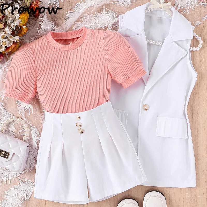 Professional summer womens collar jacket+fluffy sleeve T-shirt+high waisted shorts childrens clothing girl luxury setXJ250410