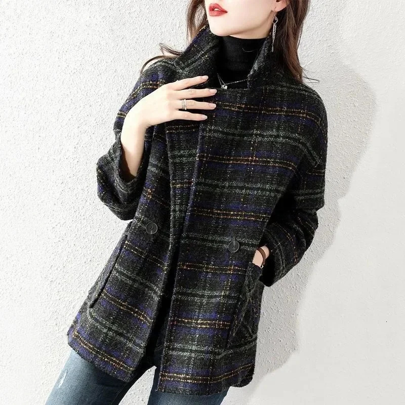 2024 Style Womens Plaid Suit Woolen Jacket Loose Fit Vintage Checked Coat Medium Length Korean Version 251103