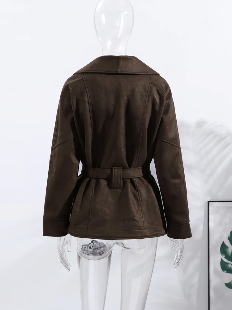 Autumn Belt Suede Jackets Women Lapel Long Sleeve One Button Lace Up Jacket Vintage Brown Loose Lady Outerwears Street 251106