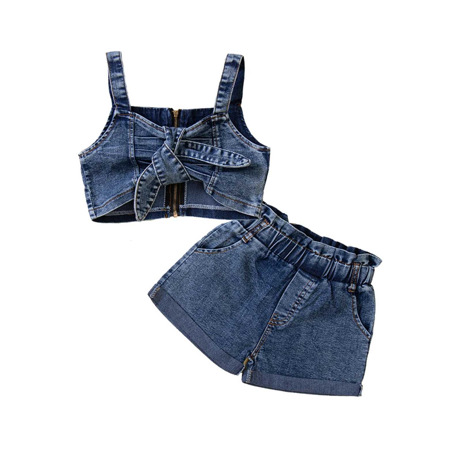 Little Girl 2PCS Pants Set Sling Flat Tie Zipper Crop Camisol Ruffle Short Cowboy Pants Girls Summer Comfort Set 1-6TXJ250410