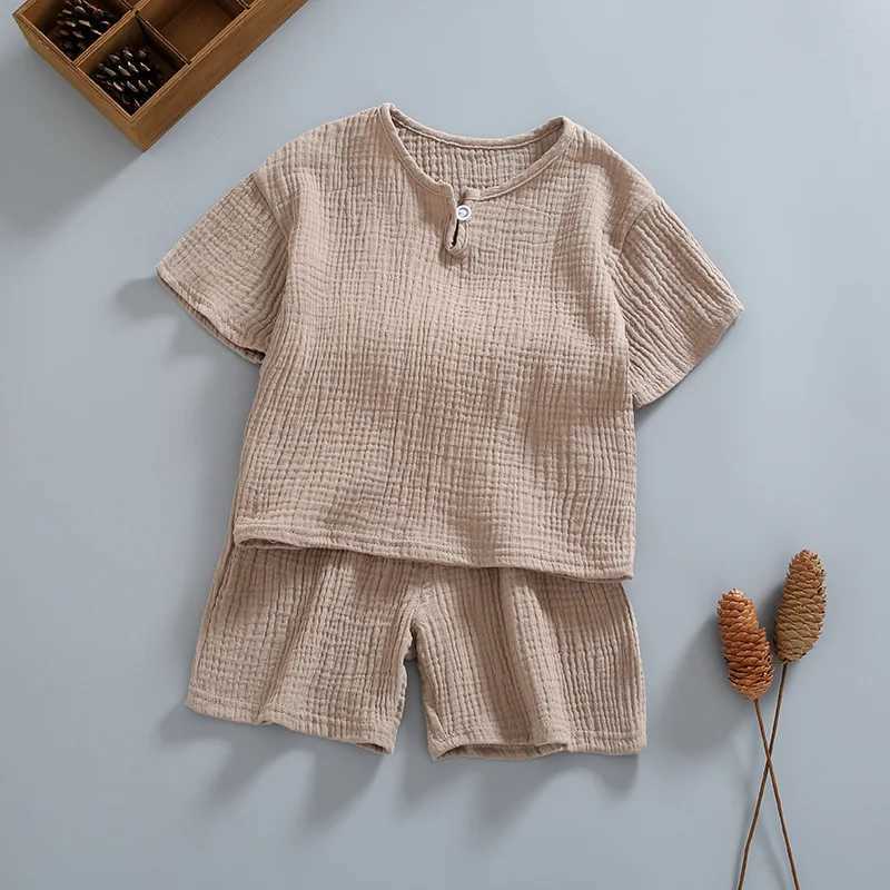 Summer Clothing Sets Organic Double Gauze Cotton Home Wear Kids Clothes Summer Kids Pajama Short Sleeve Shorts Suit WhiteXJ250410