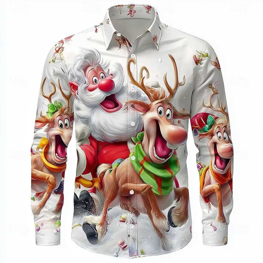 Christmas Mens 3D Graphic Long SleeveStreet Style FashionCartoon Santa Claus Reindeer Prints Design2025 Fall Casual Shirt K251110