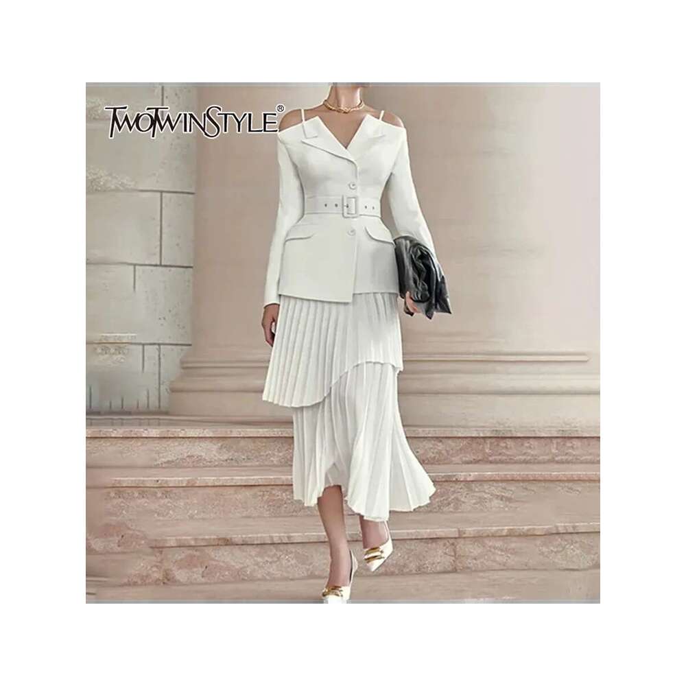 TWOTWINSTYLE Solid Two Piece Set For Women Slash Neck Long Sleeve Tunic Coat High Waist Temperament Skirt Sets Female Fashion