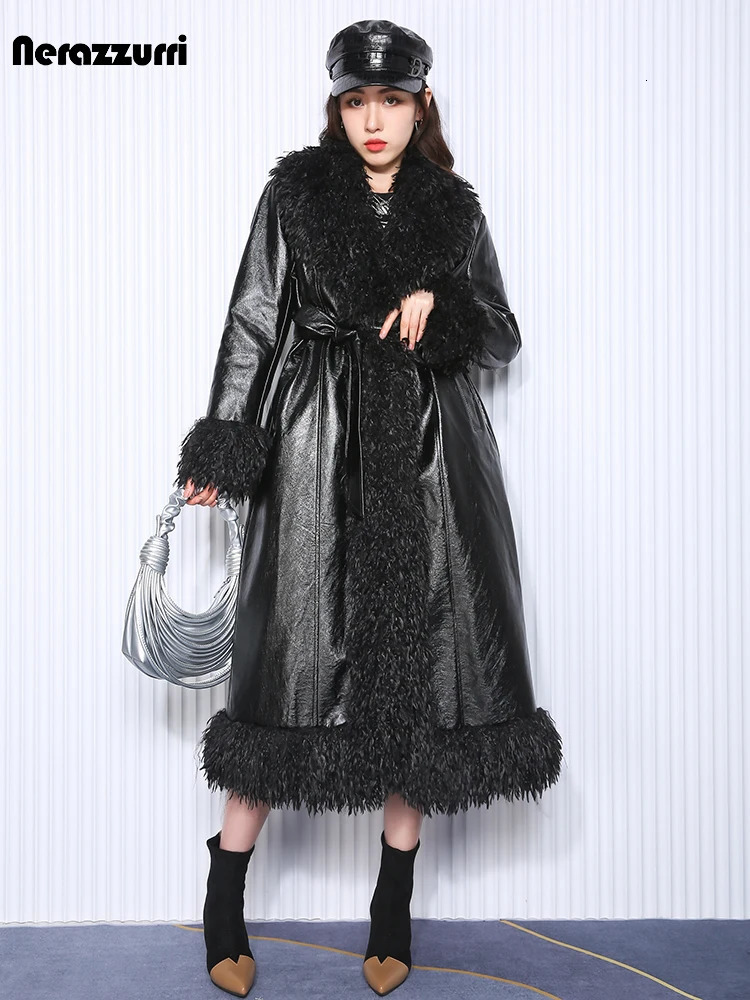Nerazzurri Autumn Winter Long Loose Black Quilted Warm Soft Pu Leather Coat Women with Faux Fur Trim Sashes European Fashion 251103