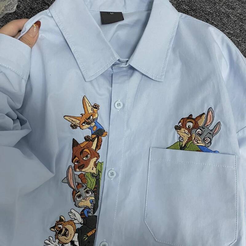Disney Zootopia blue long sleeve shirt women's spring and autumn cute cartoon personality cardigan fashion simple top holiday gift