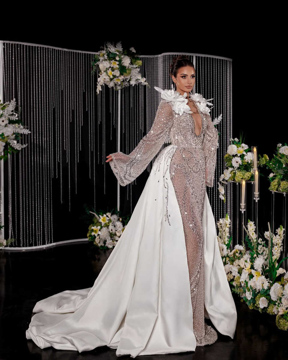 Sexy Mermaid Elegant Wedding Dresses With Sequins Full Sleeve 3D Appliques Sequins Backless Party Plus Size Custom Made vestido de novia