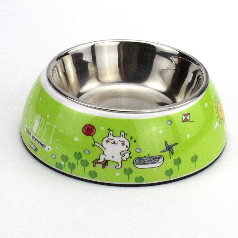 H1374 High-quality 304 stainless steel non-slip pet bowls, creative cartoon print dog and cat bowls, wholesale and custom pet supplies.