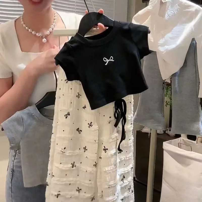 2-8Y Girl Short Sleeve Set Childrens 2025 Summer Dress New T-shirt Korean Bow Top Wide Leg Pants Baby Summer DressXJ250410