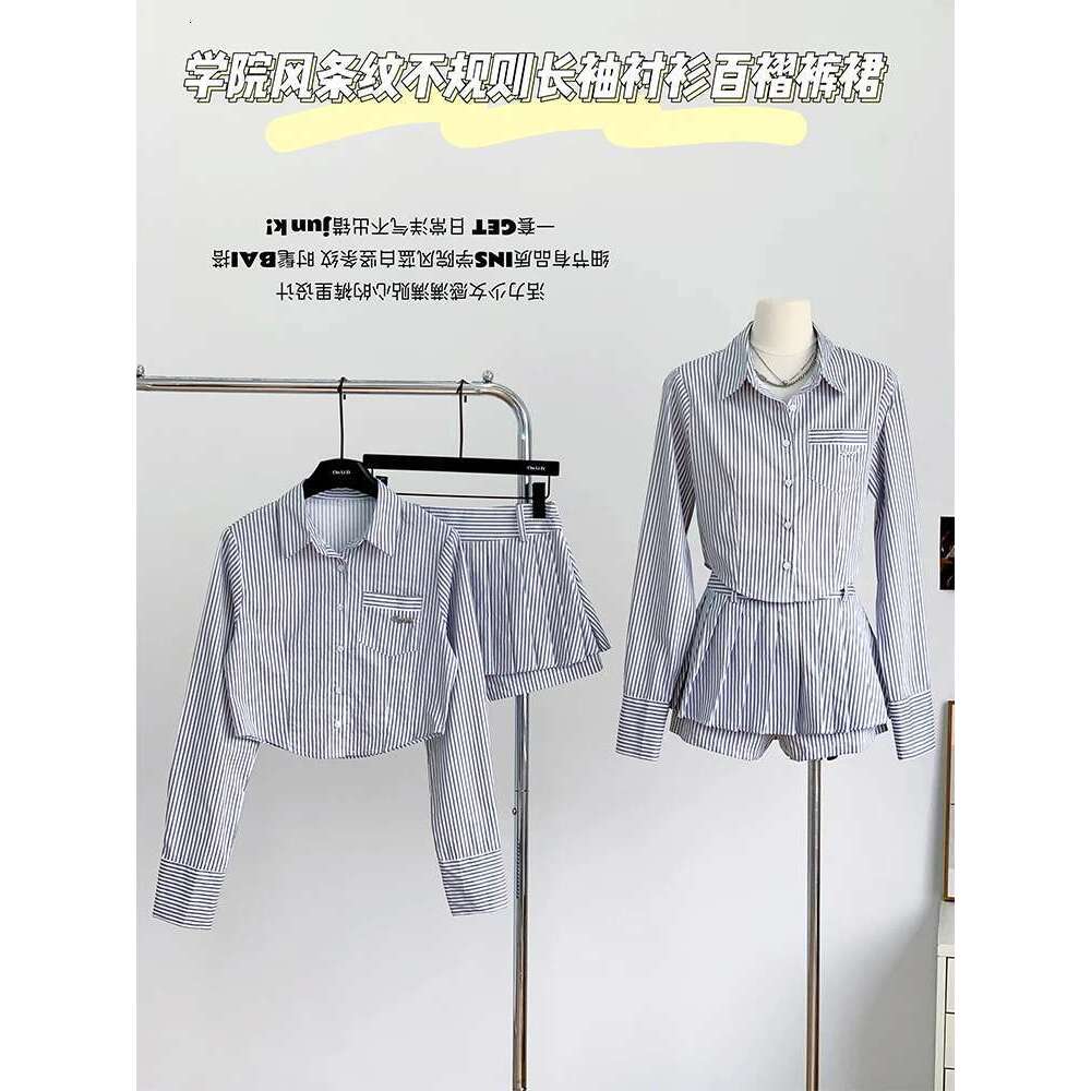 Woman Slim Outfits 2 Piece Striped Mini Set Asymmetrical Fashion Pleated Skirt All-Match Shirts Gyaru Crop Top 90S Kpo
