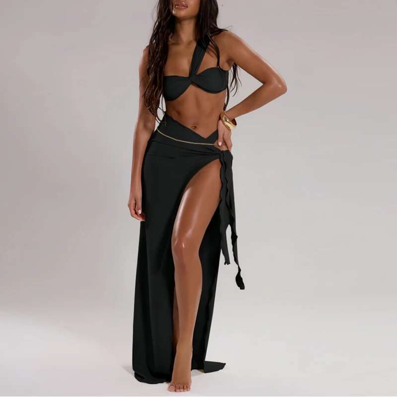 New Three Piece Bikini Set Sexy High Waist One Shoulder Thong Swimwear 2025 Women Bandage Slit Skirts Beachwear Bathing Suits