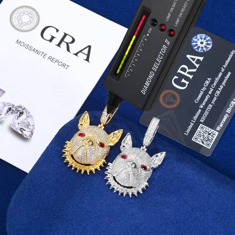 Rapper Men Jewelry Gemstone Gold Plated 925 Sterling Silver VVS Moissanite Red Moissanite Eyes Hip Hop 3D French Bulldog Pendant