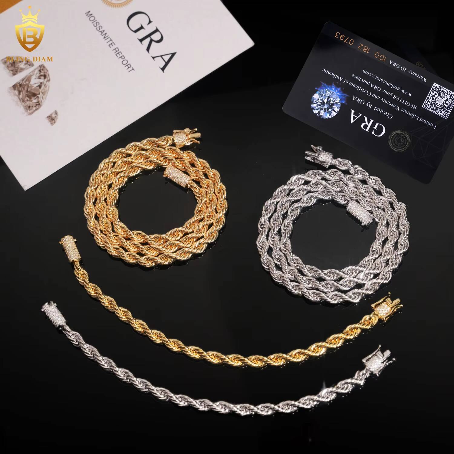Hot Sale Moissanite Hip Hop Jewelry 6MM VVS Moissanite Rope Chain S925 Silver Stainless Steel Chain Men