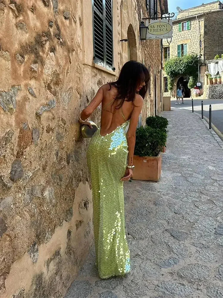 Green sexy backless sequin Maxi dress elegant womens shoulder square neck body party dress summer chic womens evening dress 250411