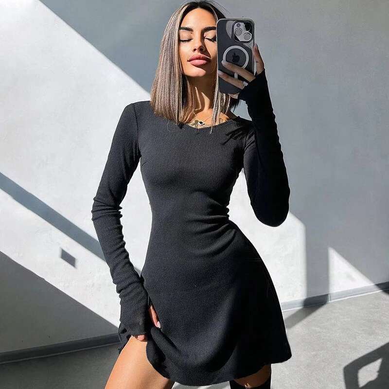 Sexy Dresses Elegant Clothing Knitted Long Sleeve Slim Mini Dress Women Autumn Winter Solid Color V-Neck Belt A-E Club Party