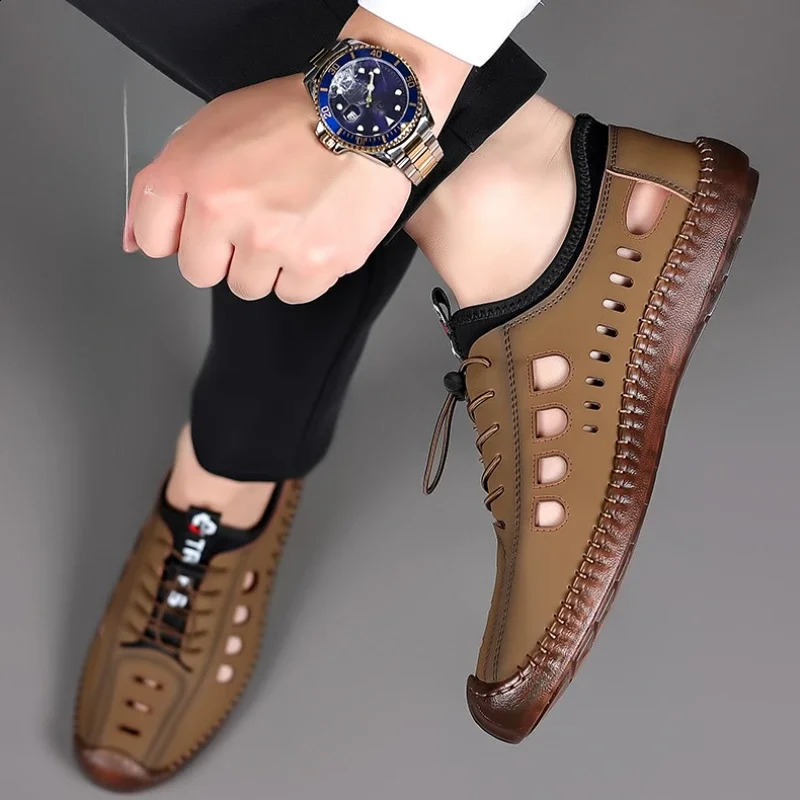 Mens Sandals Fashion Pu Leather Beach Slippers Summer Breathable Sandals Mens Outdoor Non slip Mens Casual Shoes 250408