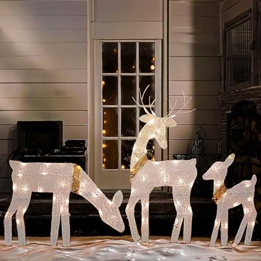 Christmas Christmas Outdoor Decoration 3Piece Lighted 2D Reindeer Family with 60 Lamps PreLit Light Up Deer Set Waterproof Y251111