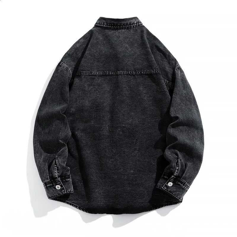 Retro Distressed Long Sleeve Denim Jacket Mens Casual Oversized Work Clothes with Patched Pockets 250411e