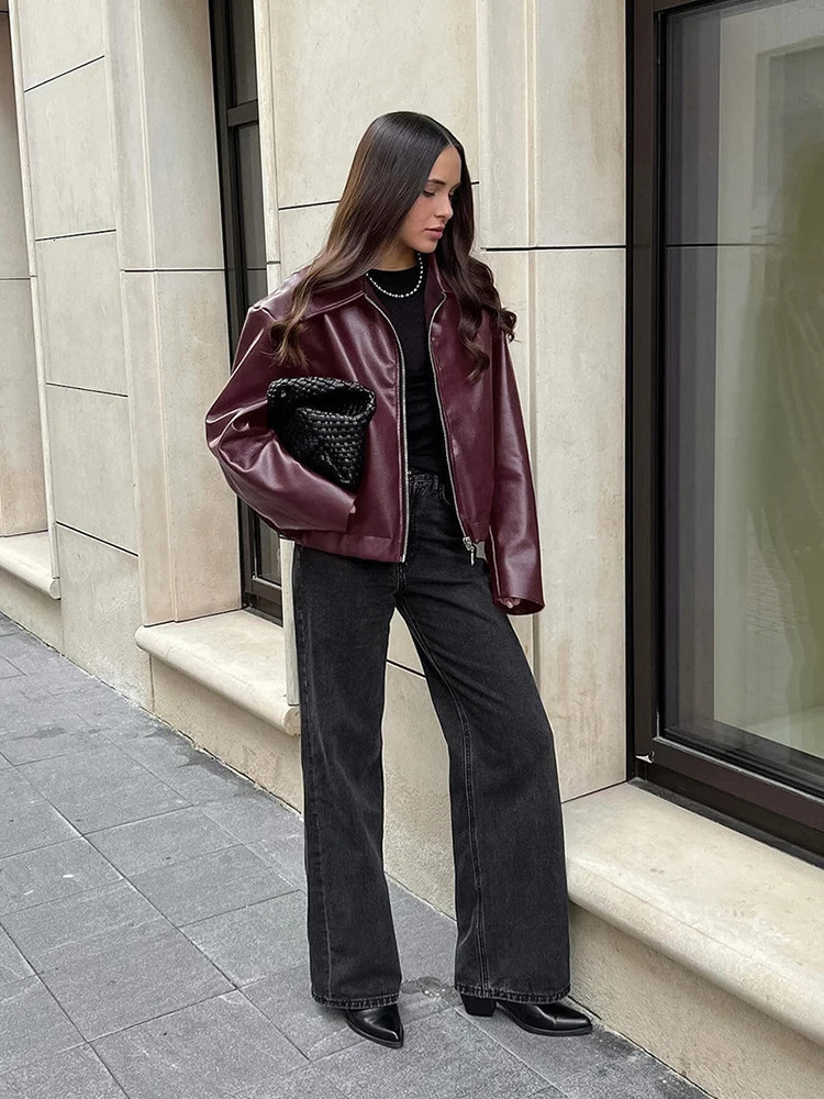2025 Fashion PU Leater Loose Jacket Women Autumn Lapel Zipper Long Sleeve Outerwears Streetwear Burgundy Female Bomber Coats 251103